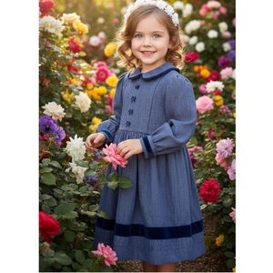 Tartine et Chocolat Catherine Painvin Paris Blue Kids Dress with Velvet trim